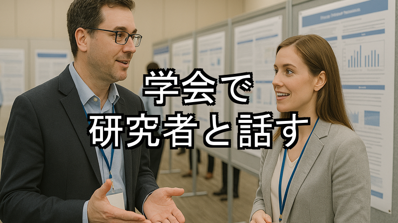 学会で研究者と話す